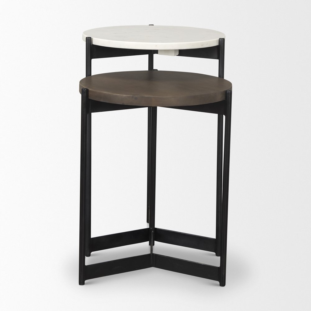 Set of Two Dark Brown and Black Marble Solid Wood and Metal Round Nested Tables