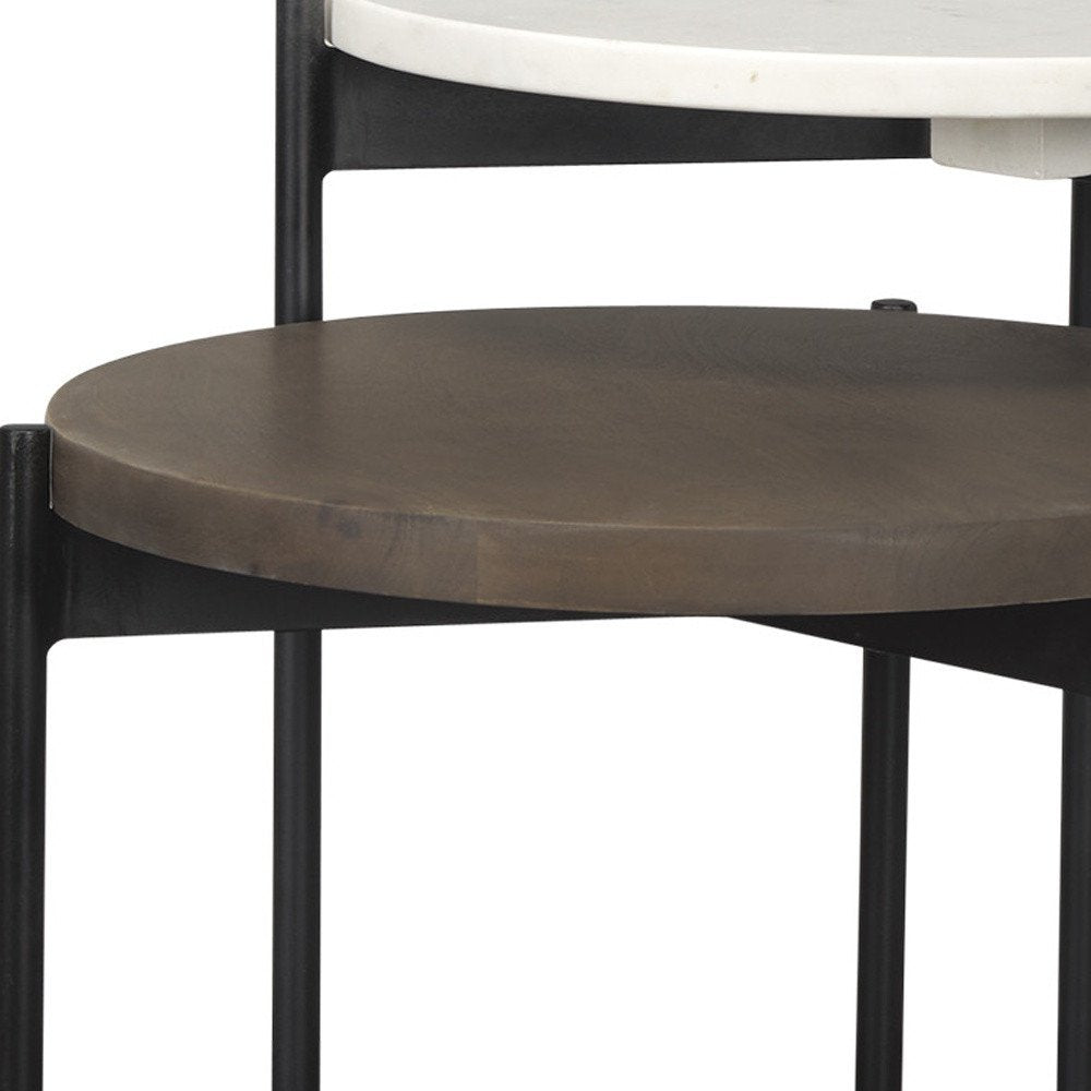 Set of Two Dark Brown and Black Marble Solid Wood and Metal Round Nested Tables