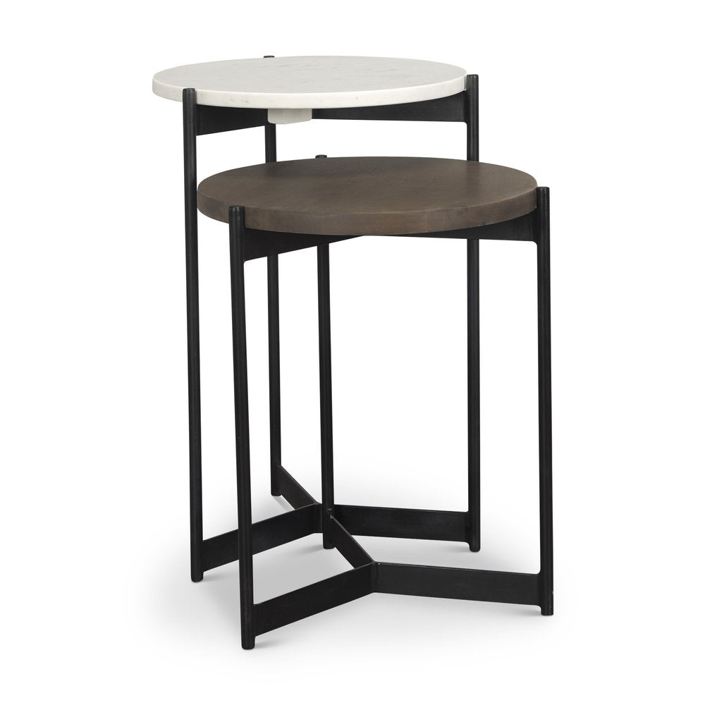 Set of Two Dark Brown and Black Marble Solid Wood and Metal Round Nested Tables