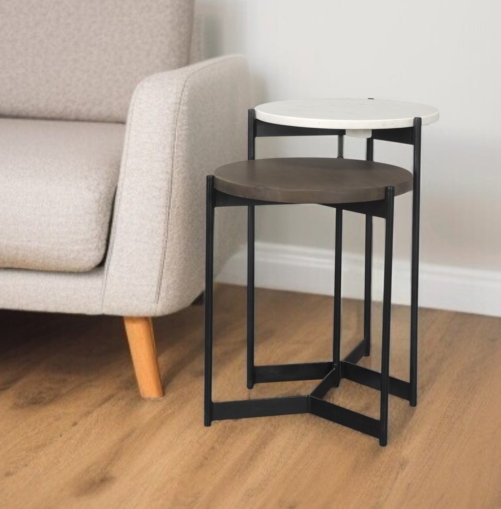 Set of Two Dark Brown and Black Marble Solid Wood and Metal Round Nested Tables