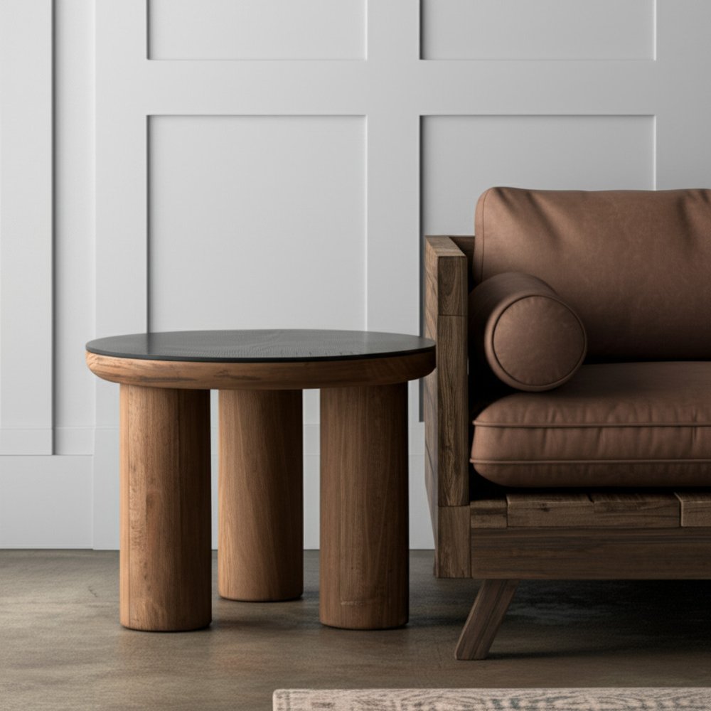 18" Brown And Black Reclaimed Wood Distressed Round End Table