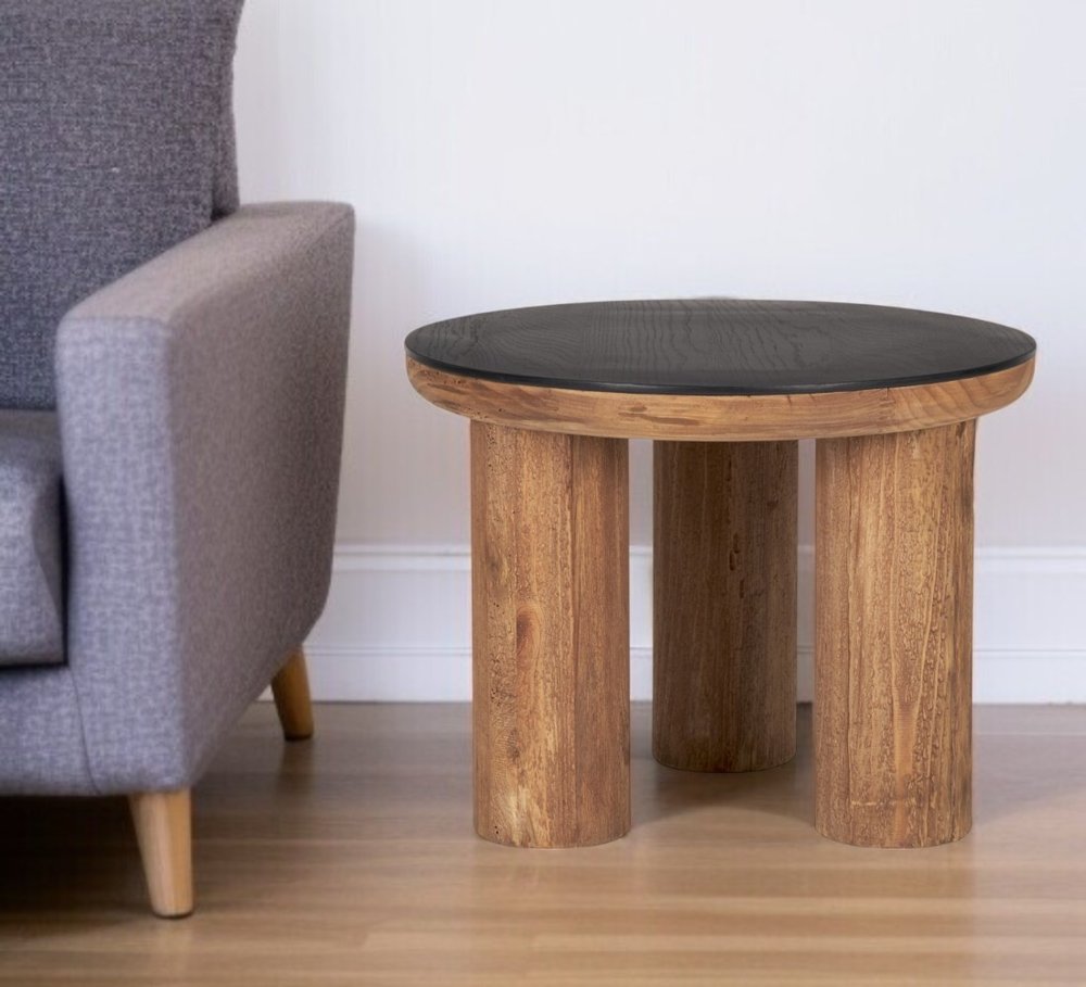 18" Brown And Black Reclaimed Wood Distressed Round End Table