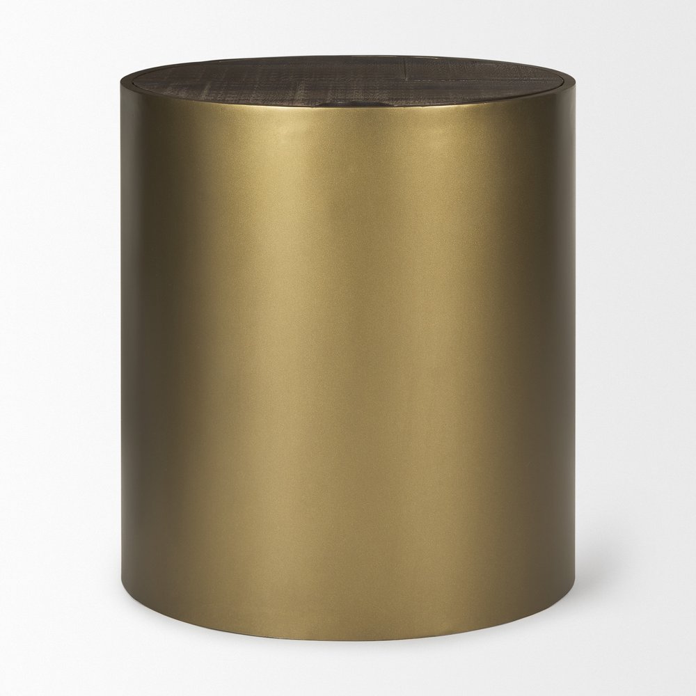 22" Antiqued Gold And Brown Metal And Solid Wood Drum End Table With Storage