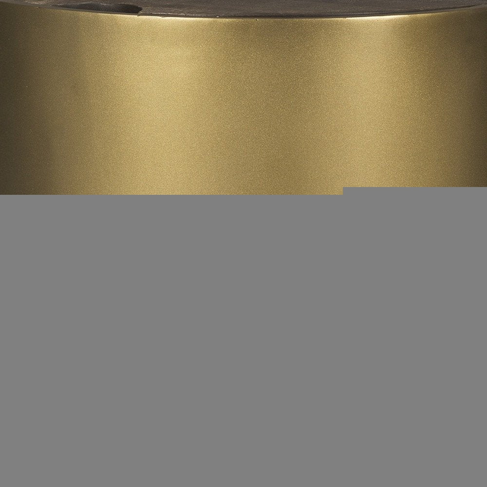 22" Antiqued Gold And Brown Metal And Solid Wood Drum End Table With Storage