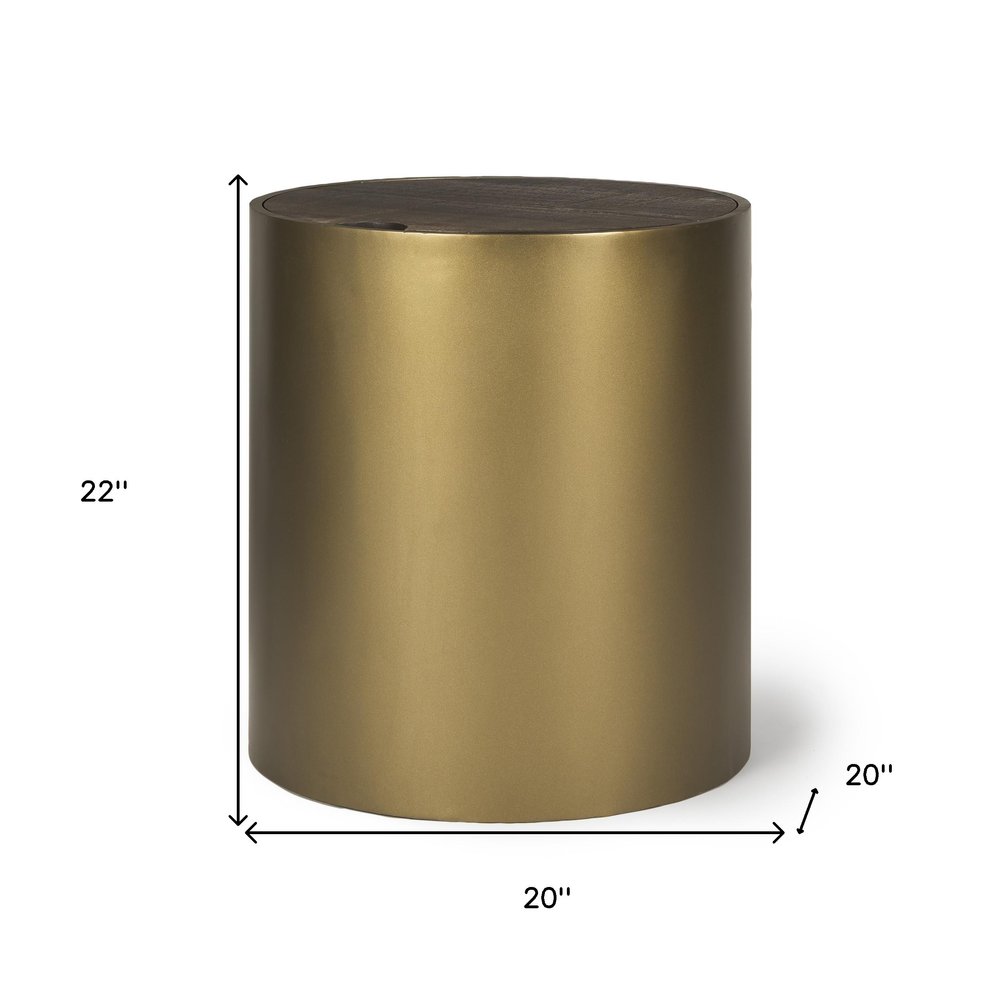 22" Antiqued Gold And Brown Metal And Solid Wood Drum End Table With Storage