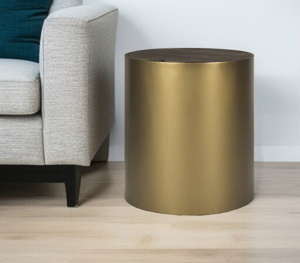 22" Antiqued Gold And Brown Metal And Solid Wood Drum End Table With Storage