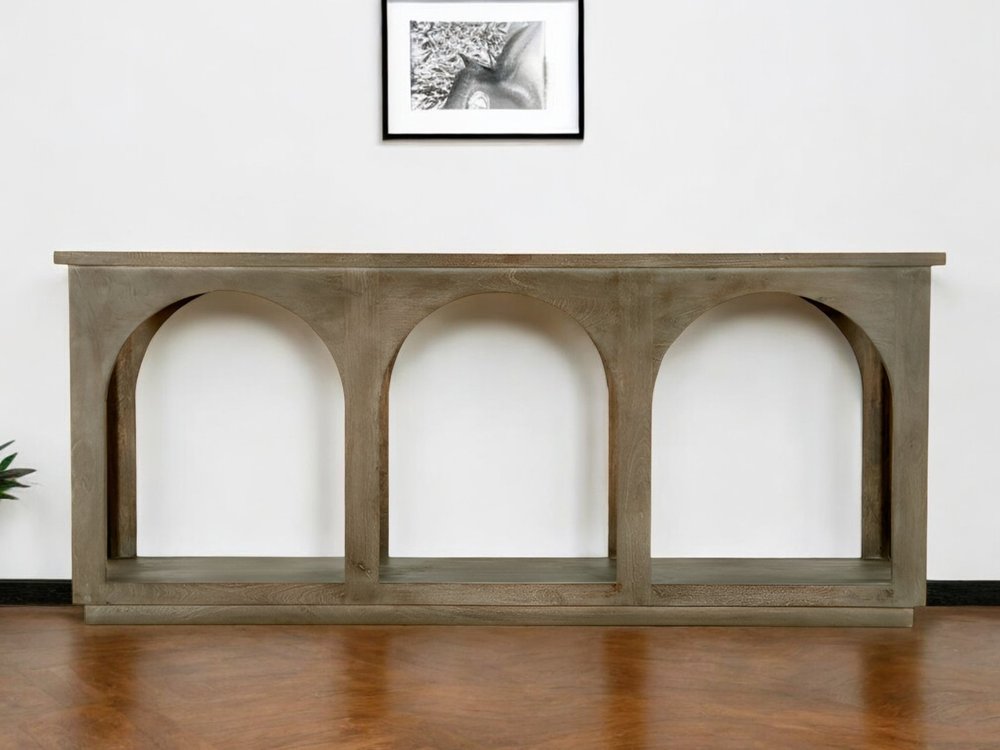 77" Brown Solid Wood Distressed Console Table With Arch Detailing