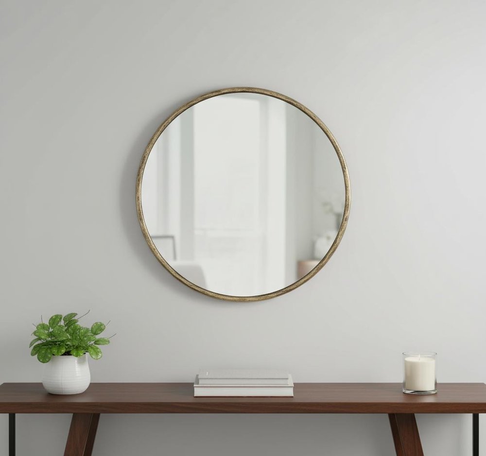 30" Antiqued Brass Iron Round Framed Accent Mirror