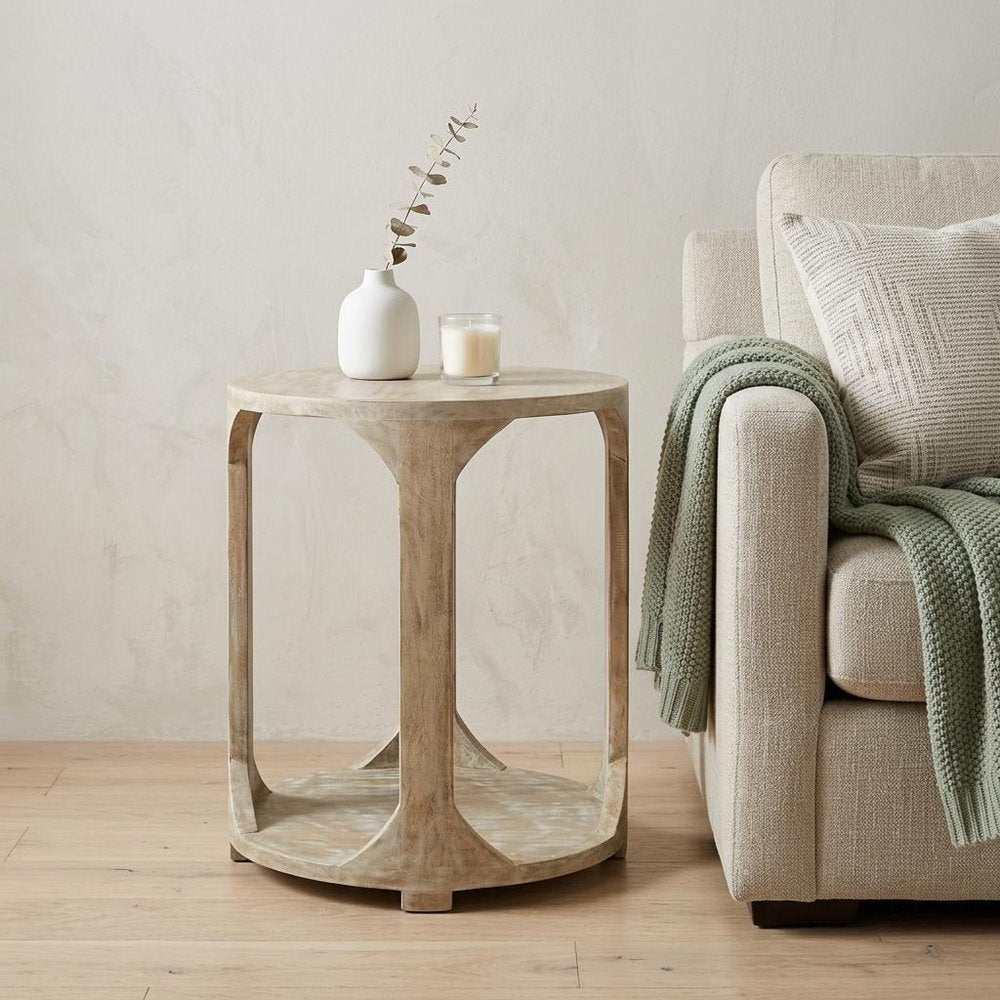24" Natural Distressed Solid Wood Round Frame End Table With Shelf