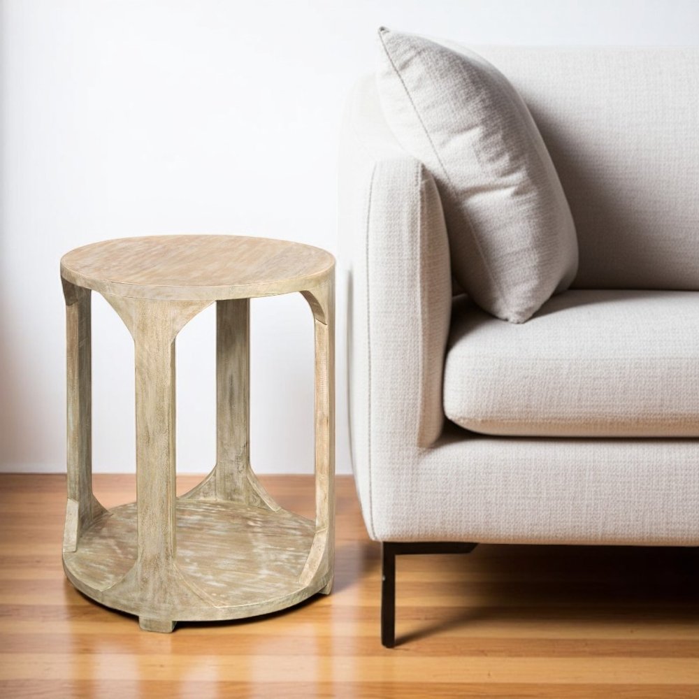 24" Natural Distressed Solid Wood Round Frame End Table With Shelf