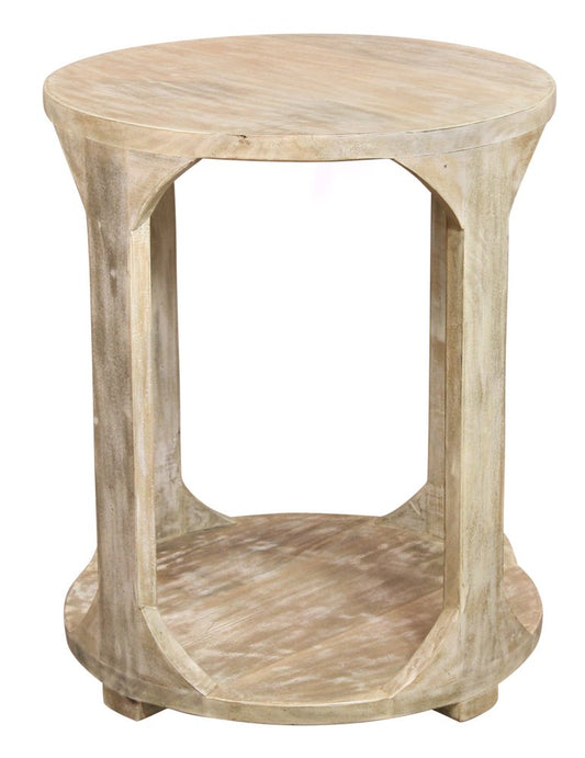 24" Natural Distressed Solid Wood Round Frame End Table With Shelf