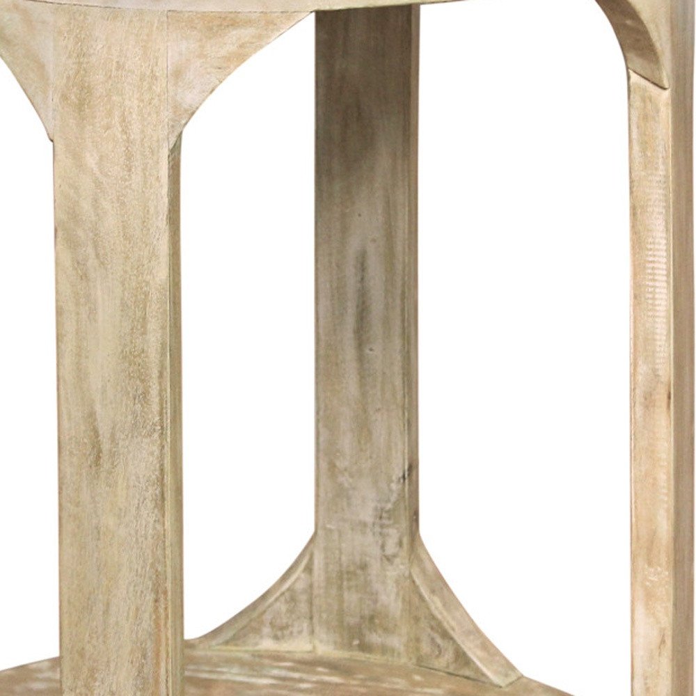 24" Natural Distressed Solid Wood Round Frame End Table With Shelf