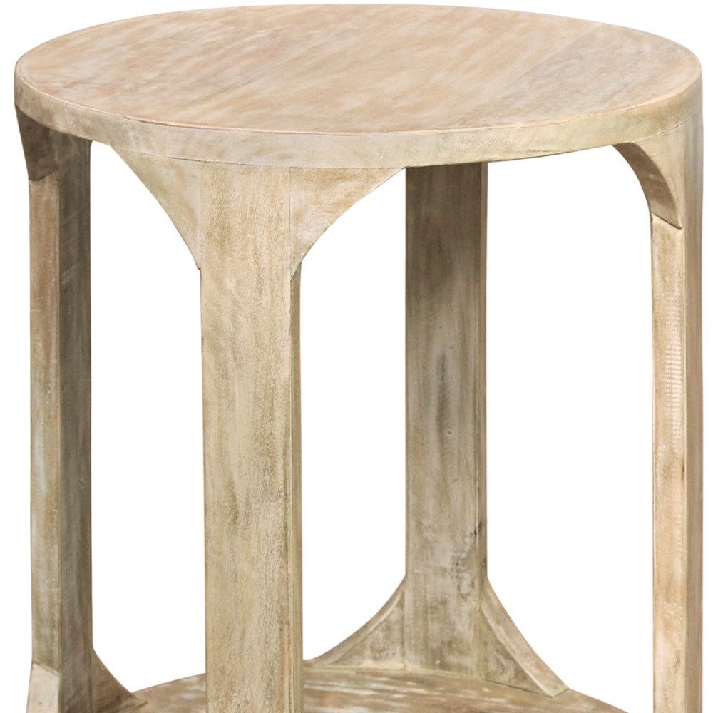 24" Natural Distressed Solid Wood Round Frame End Table With Shelf