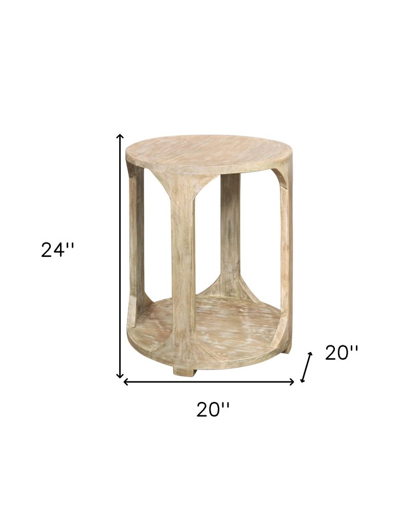 24" Natural Distressed Solid Wood Round Frame End Table With Shelf