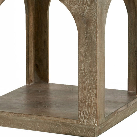 24" Brown Distressed Solid Wood Square Floor Shelf End Table