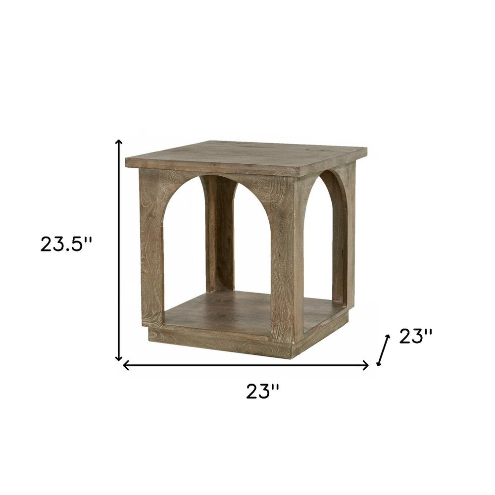 24" Brown Distressed Solid Wood Square Floor Shelf End Table