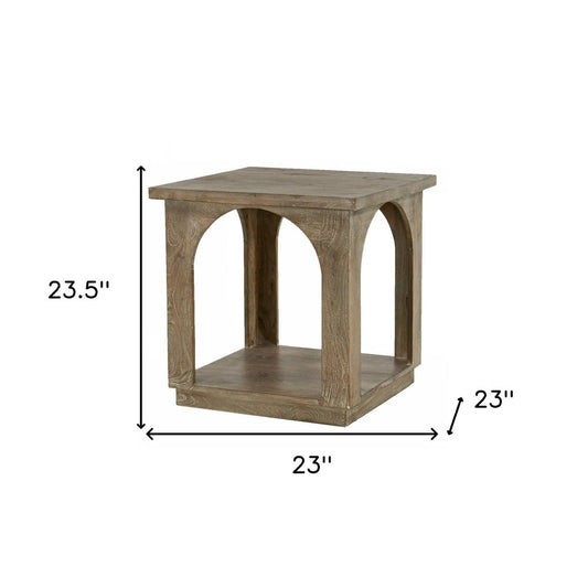 24" Brown Distressed Solid Wood Square Floor Shelf End Table
