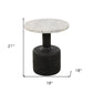 21" White and Black Distressed Marble and Solid Wood Round Pedestal End Table