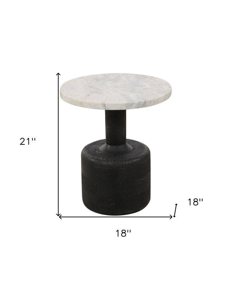 21" White and Black Distressed Marble and Solid Wood Round Pedestal End Table