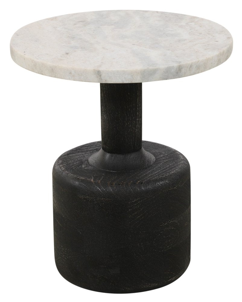 21" White and Black Distressed Marble and Solid Wood Round Pedestal End Table
