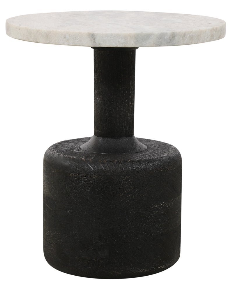 21" White and Black Distressed Marble and Solid Wood Round Pedestal End Table
