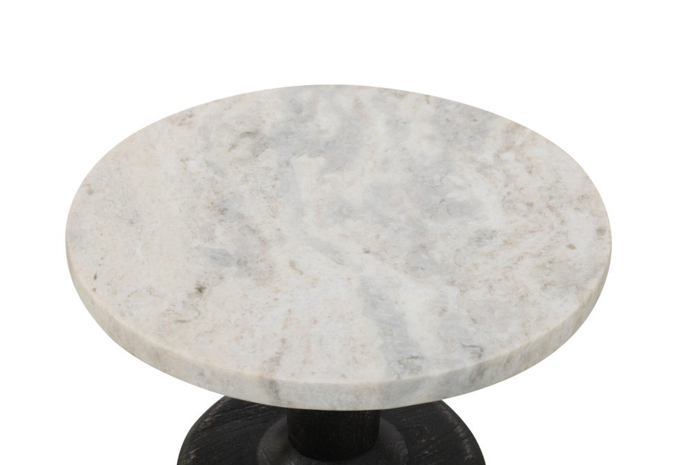 21" White and Black Distressed Marble and Solid Wood Round Pedestal End Table