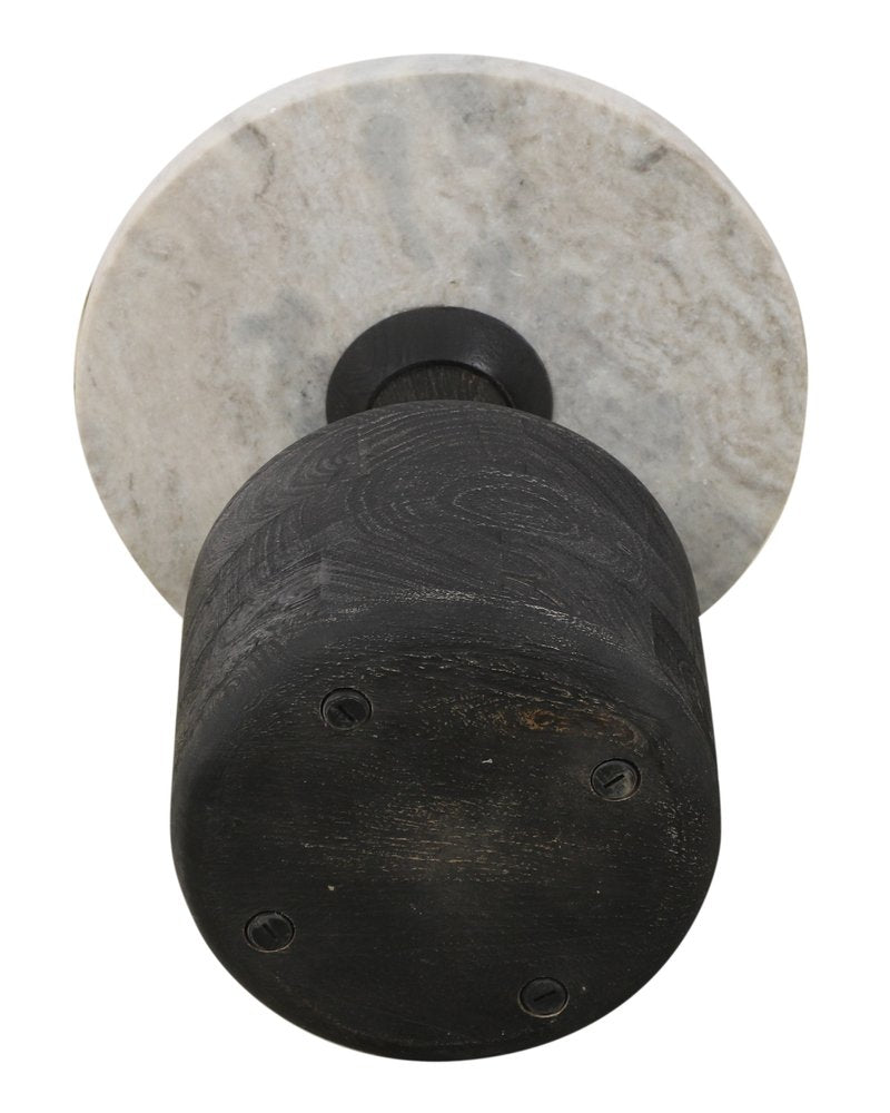 21" White and Black Distressed Marble and Solid Wood Round Pedestal End Table