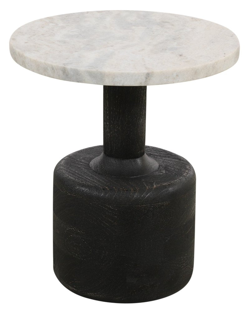 21" White and Black Distressed Marble and Solid Wood Round Pedestal End Table