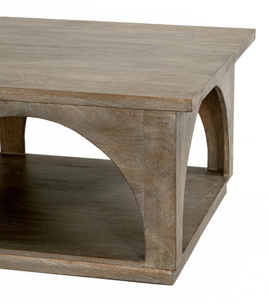 59" Brown Solid Wood Distressed Floor Shelf Coffee Table With Shelf
