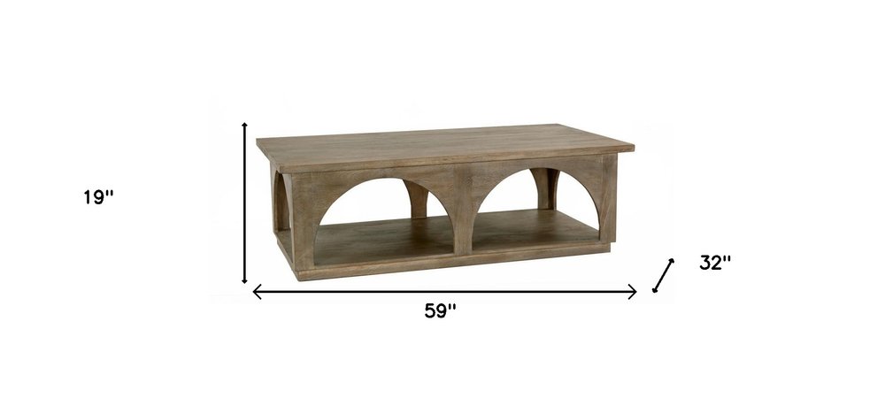 59" Brown Solid Wood Distressed Floor Shelf Coffee Table With Shelf