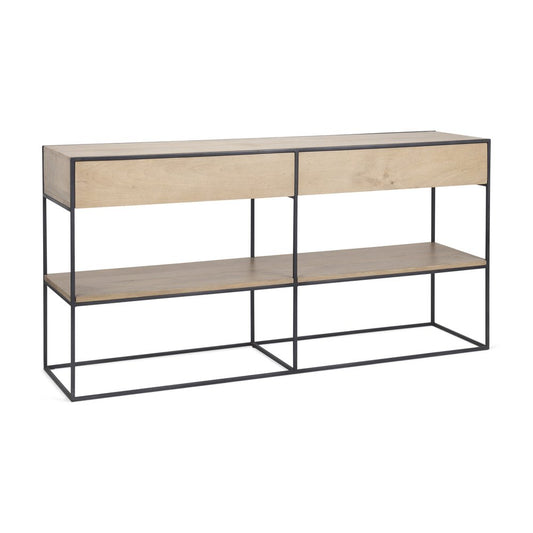 63" Natural and Black Solid Wood and Metal Frame Console Table With Shelf And With Two Drawers