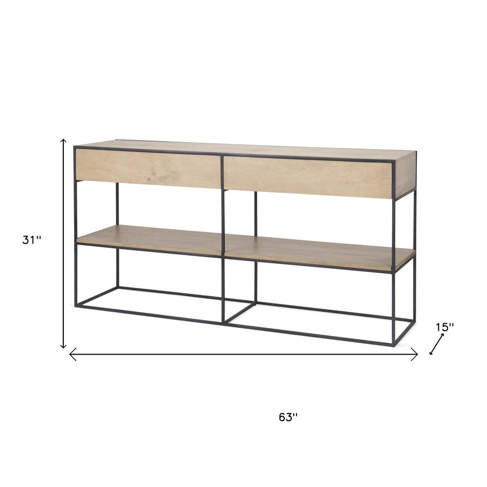 63" Natural and Black Solid Wood and Metal Frame Console Table With Shelf And With Two Drawers
