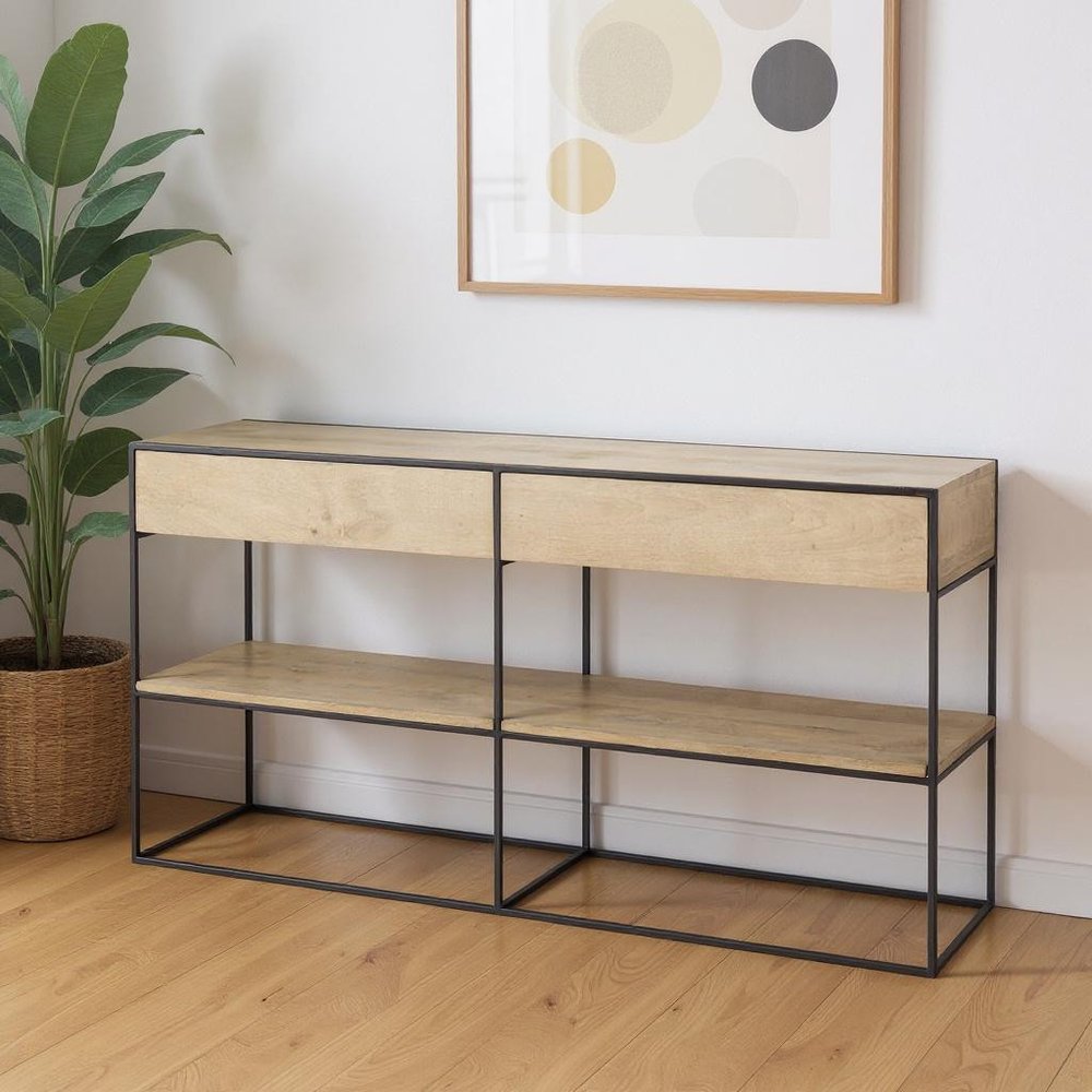 63" Natural and Black Solid Wood and Metal Frame Console Table With Shelf And With Two Drawers