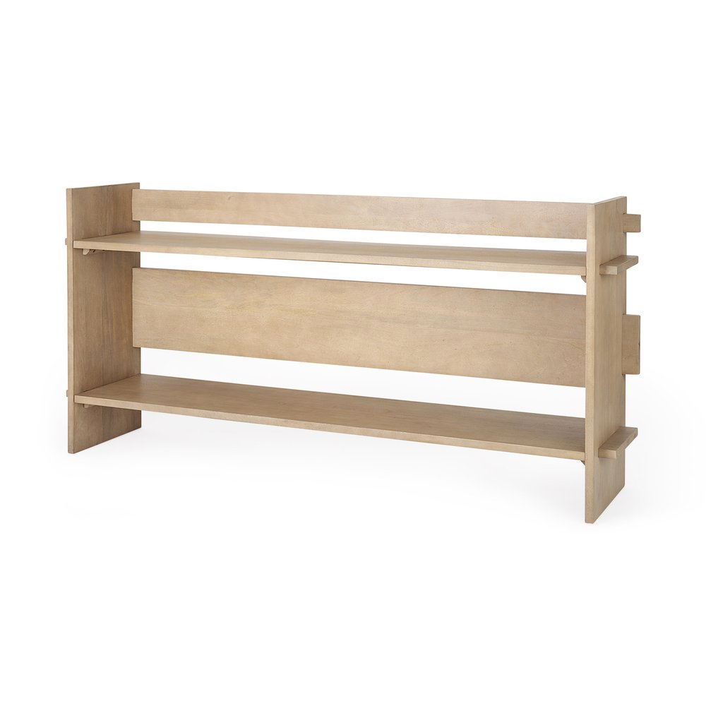 76" Natural and Brown Solid Wood Sled Console Table With Two Shelves