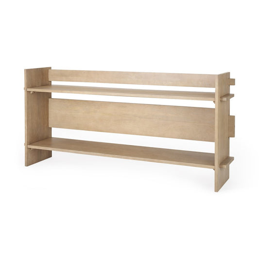 76" Natural and Brown Solid Wood Sled Console Table With Two Shelves