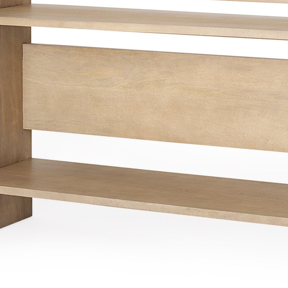 76" Natural and Brown Solid Wood Sled Console Table With Two Shelves
