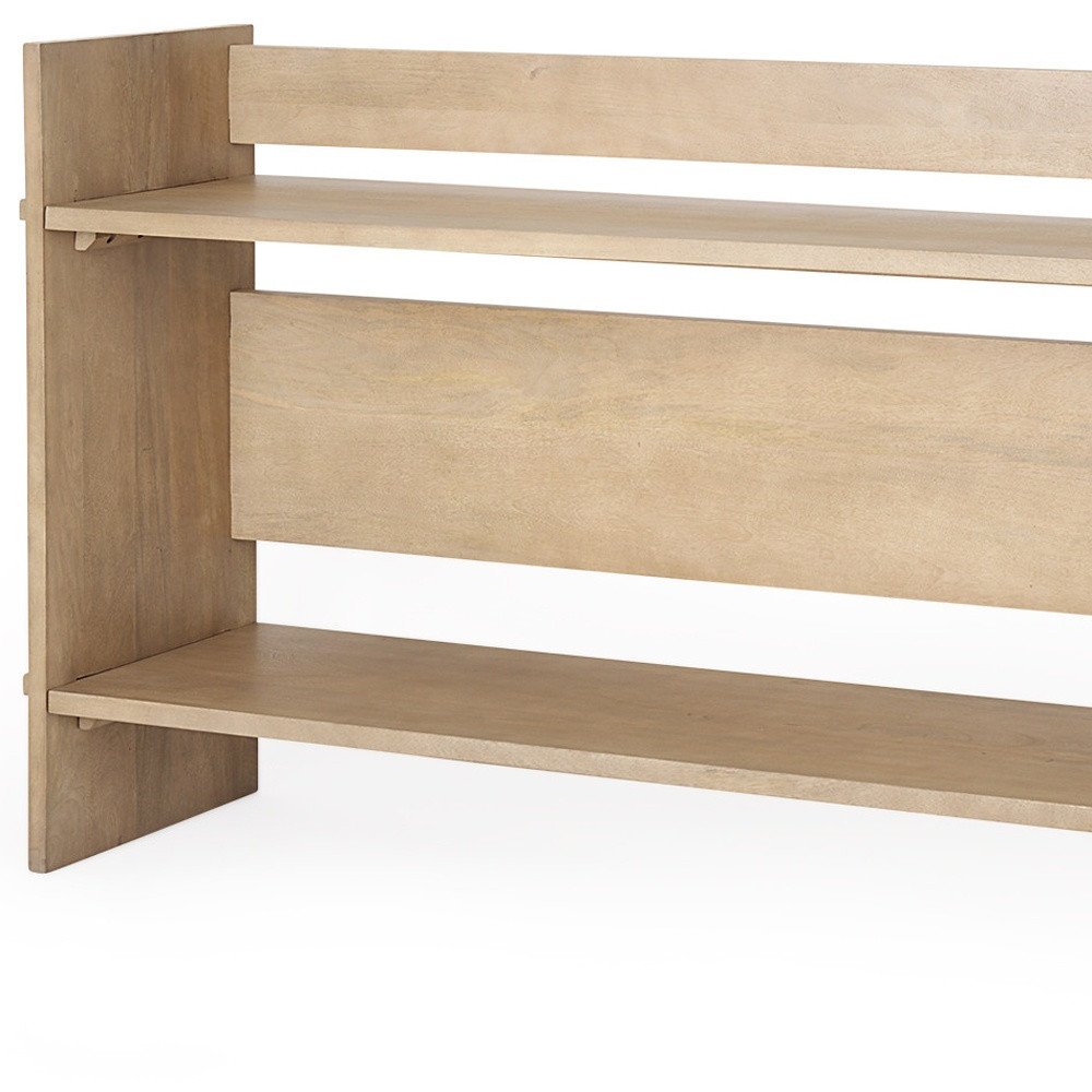 76" Natural and Brown Solid Wood Sled Console Table With Two Shelves