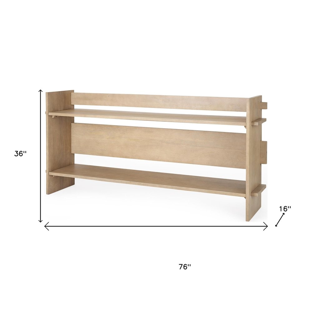 76" Natural and Brown Solid Wood Sled Console Table With Two Shelves