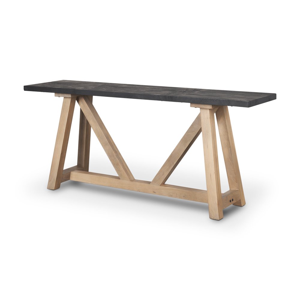 70" Black and Brown Solid Wood Trestle Console Table