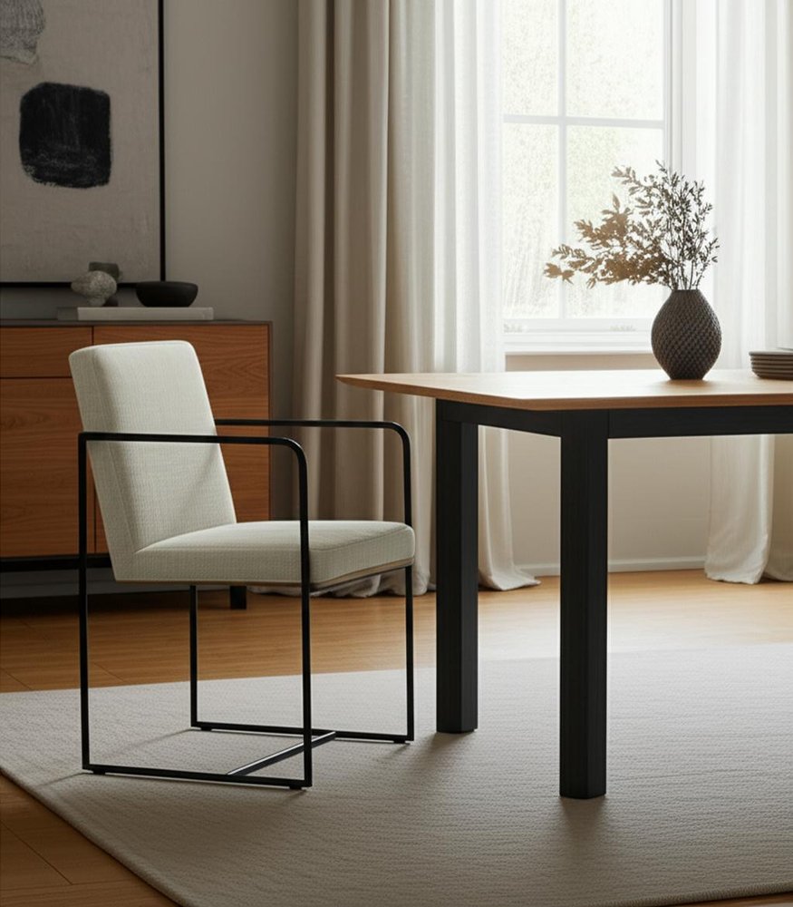 Beige and Black Upholstered Cushion And Metal Dining Arm Chair