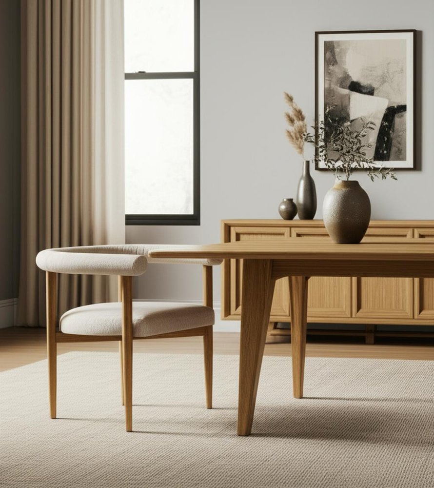 Beige and Brown Upholstered Cushion And Solid Wood Open Back Dining Arm Chair