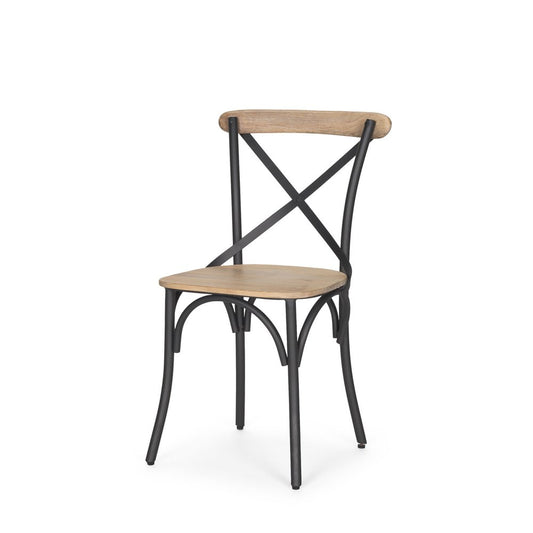Light Brown and Black Solid Wood And Iron Cross Back Dining Side Chair
