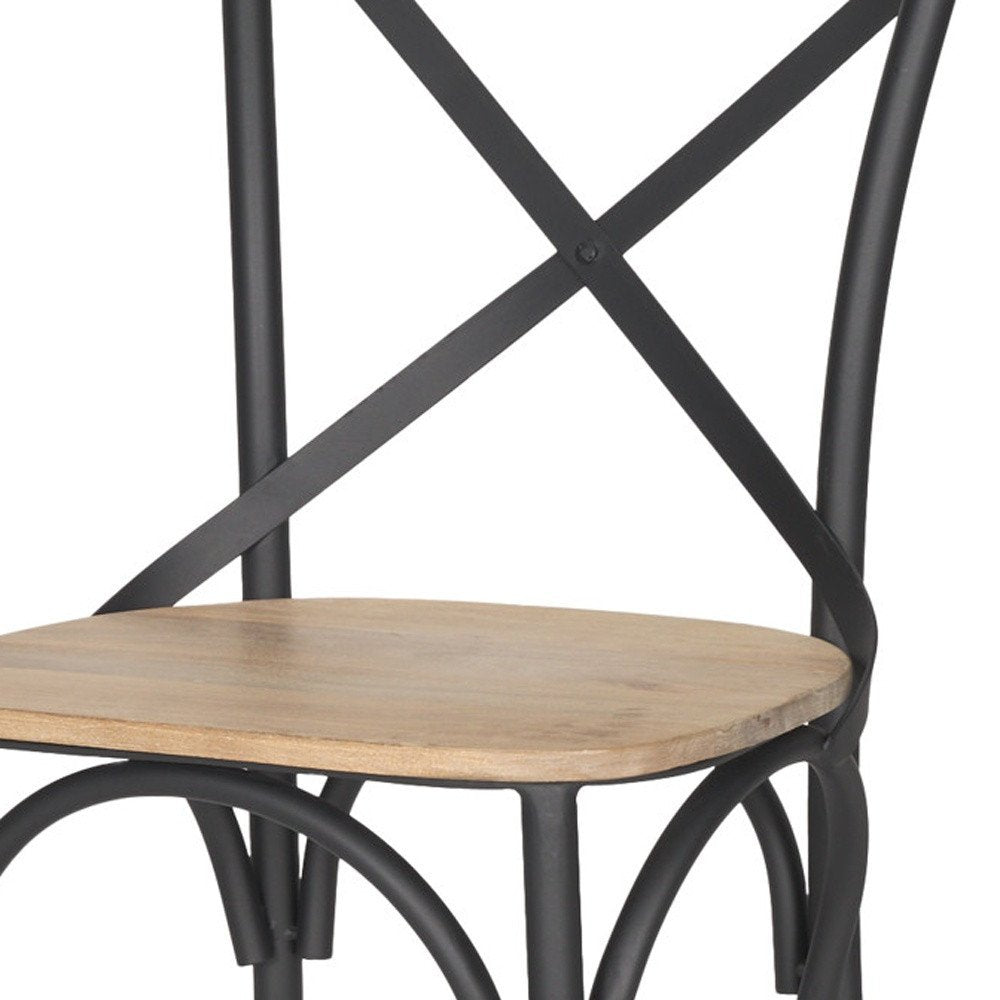 Light Brown and Black Solid Wood And Iron Cross Back Dining Side Chair