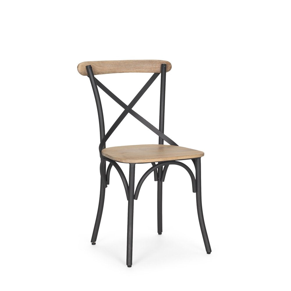 Light Brown and Black Solid Wood And Iron Cross Back Dining Side Chair