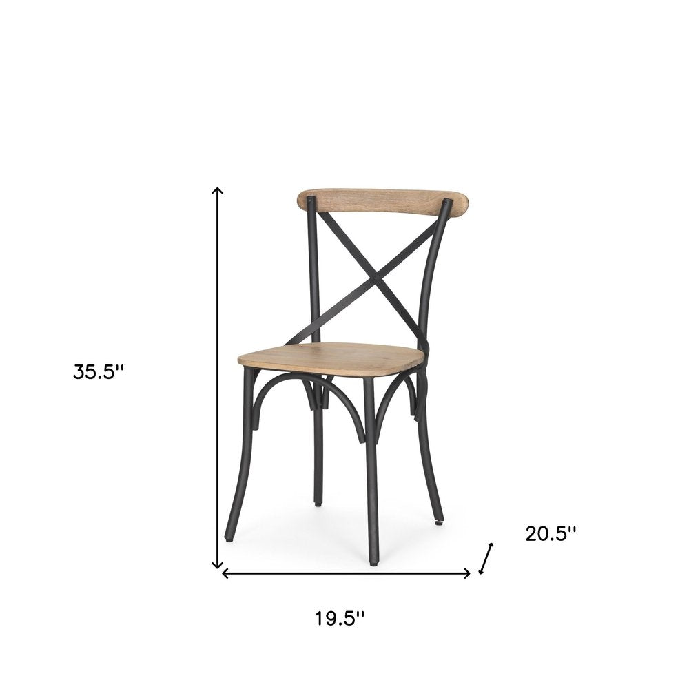 Set of Two Light Brown and Black Solid Wood Cross Back Dining Side Chairs