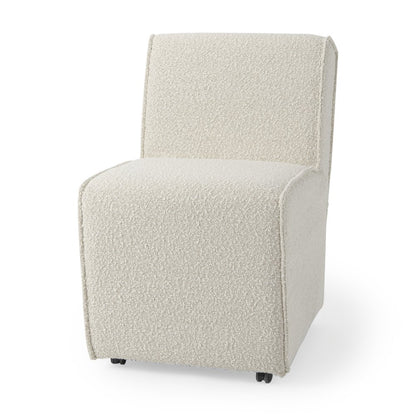 Cream Fully Upholstered Boucle Dining Side Chair With Wheels