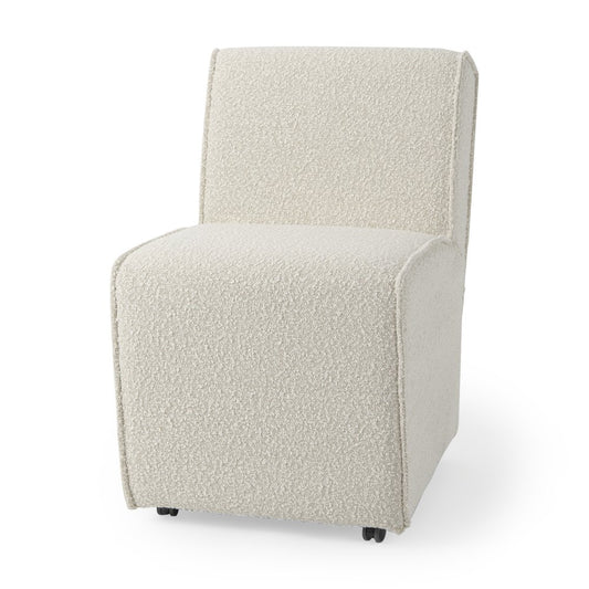 Cream Fully Upholstered Boucle Dining Side Chair With Wheels