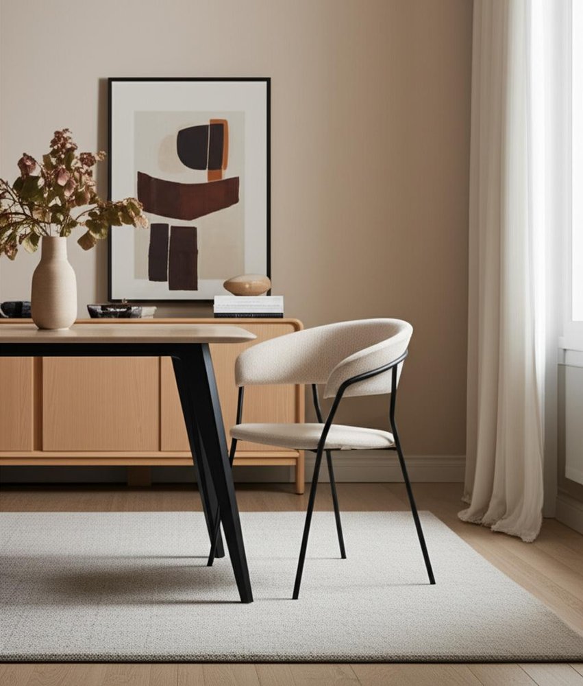 Light Gray and Black Upholstered Fabric And Metal Open Back Dining Arm Chair