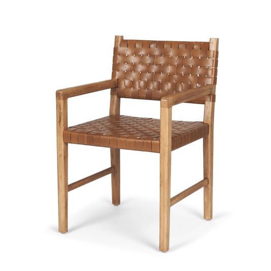 Brown Woven Leather And Solid Wood Dining Arm Chair