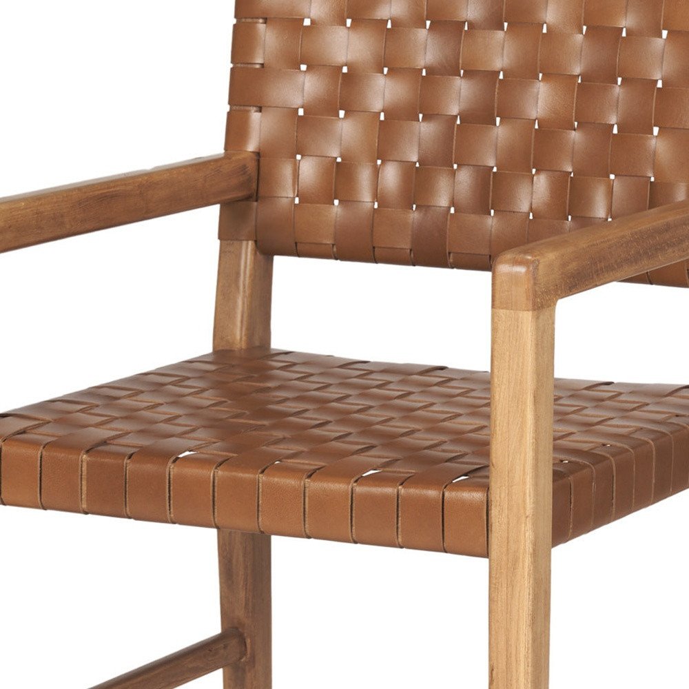 Brown Woven Leather And Solid Wood Dining Arm Chair